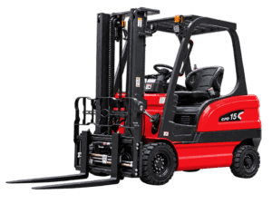 Carrello elevatore elettrico HUATENG CPD15 da 1.5 tonnellate, vista anteriore a tre quarti