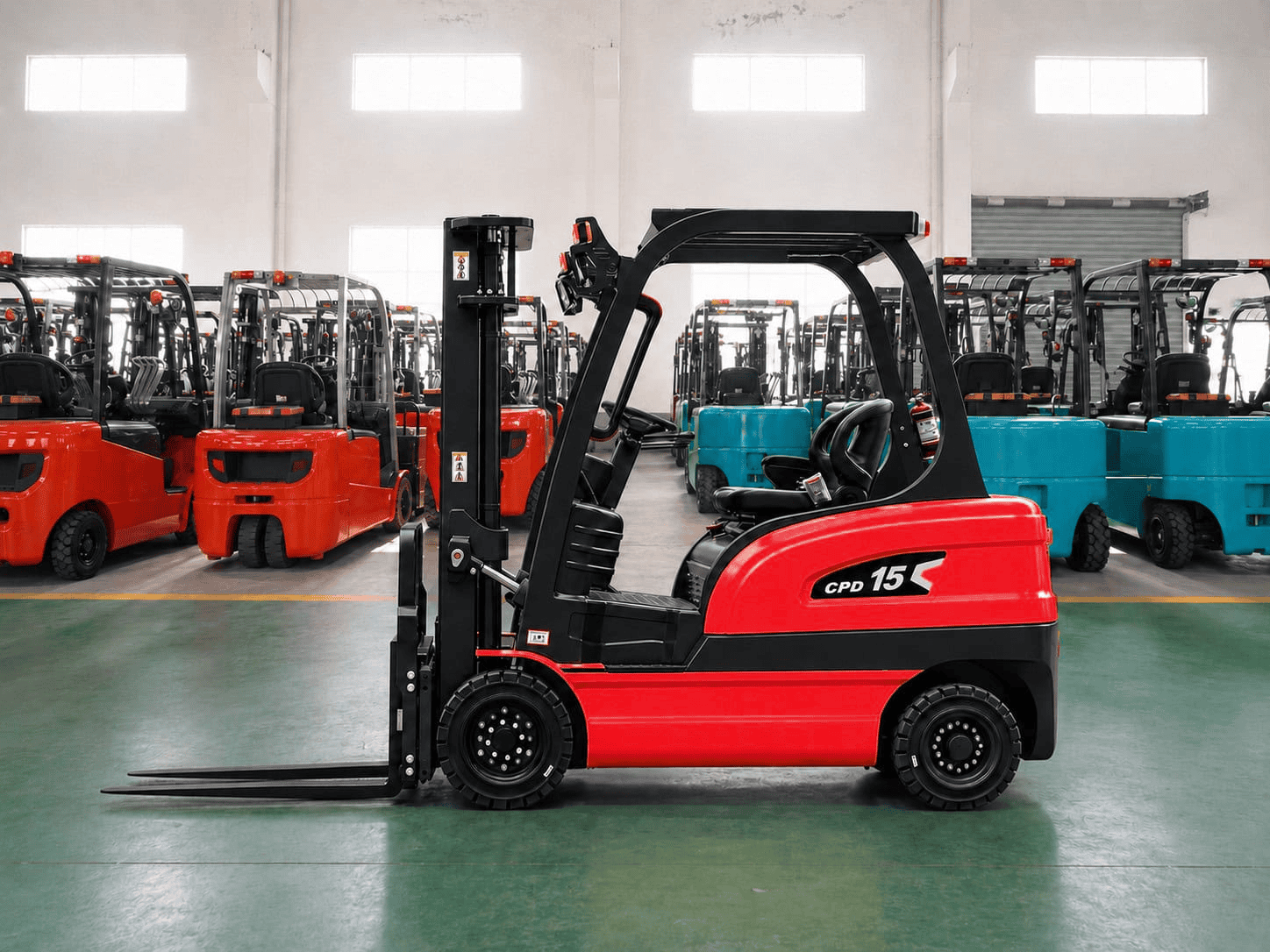 Carrello elettrico HUATENG CPD15, vista laterale in fabbrica