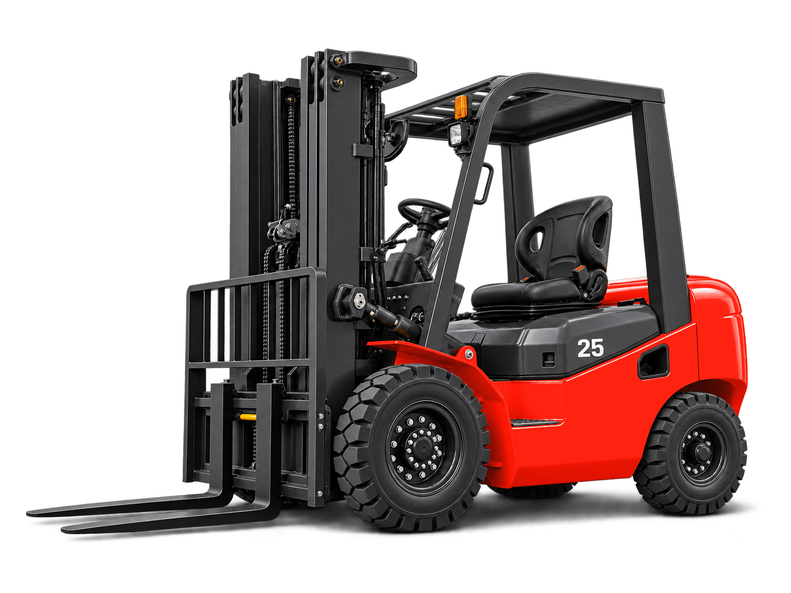 Carrello diesel rosso da 2.5 tonnellate, vista anteriore a tre quarti con forche, montante e cabina aperta visibili