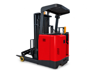 Huateng CQD-S Series stand-up reach truck, three-quarter body side with mast and fork side visible.