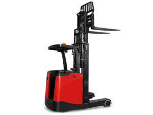 Huateng CQD-S Series stand-up reach truck, raised-mast side / three-quarter view.
