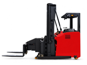 Huateng CSD-H Series sit-down turret truck, side view with turret forks turned sideways.