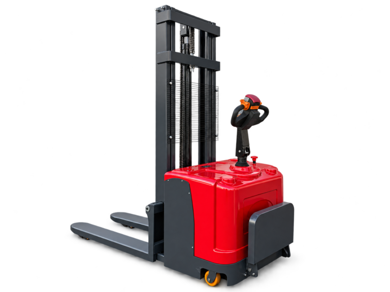 HUATENG HT-CDD20 stand-on electric pallet stacker — rear three-quarter view with platform folded