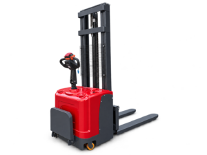 HUATENG HT-CDD20 — stoccatore elettrico per pallet con pedana — vista posteriore a tre quarti dal lato opposto con pedana ripiegata