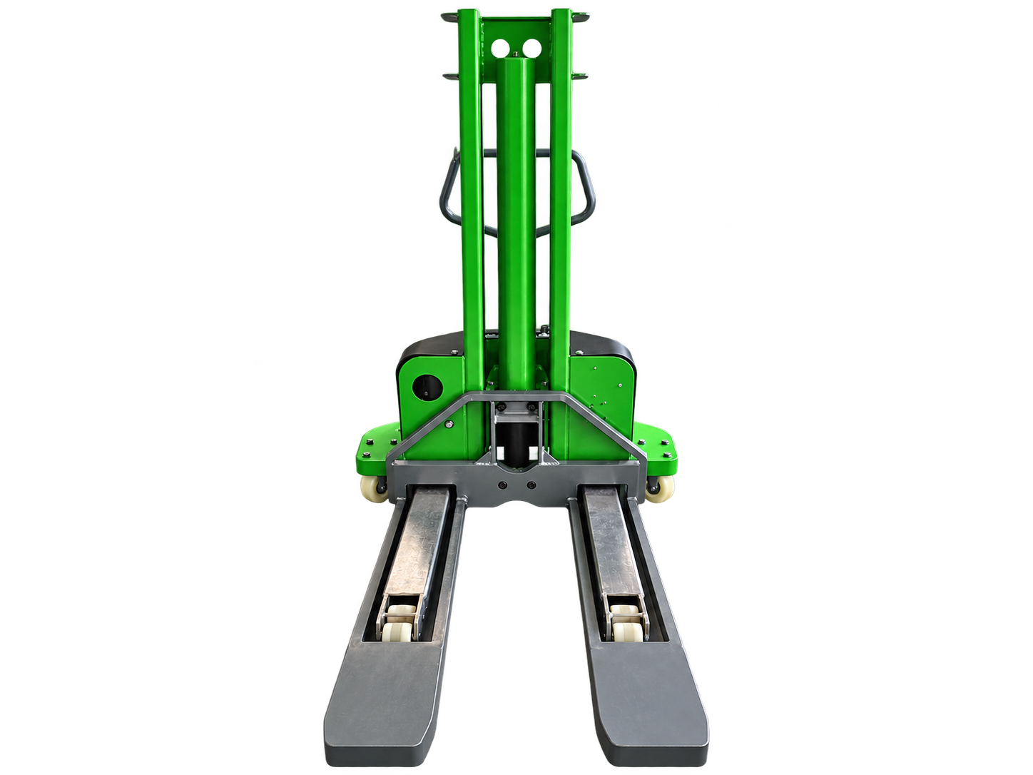 Semi-electric self-loading stacker fork-end front view