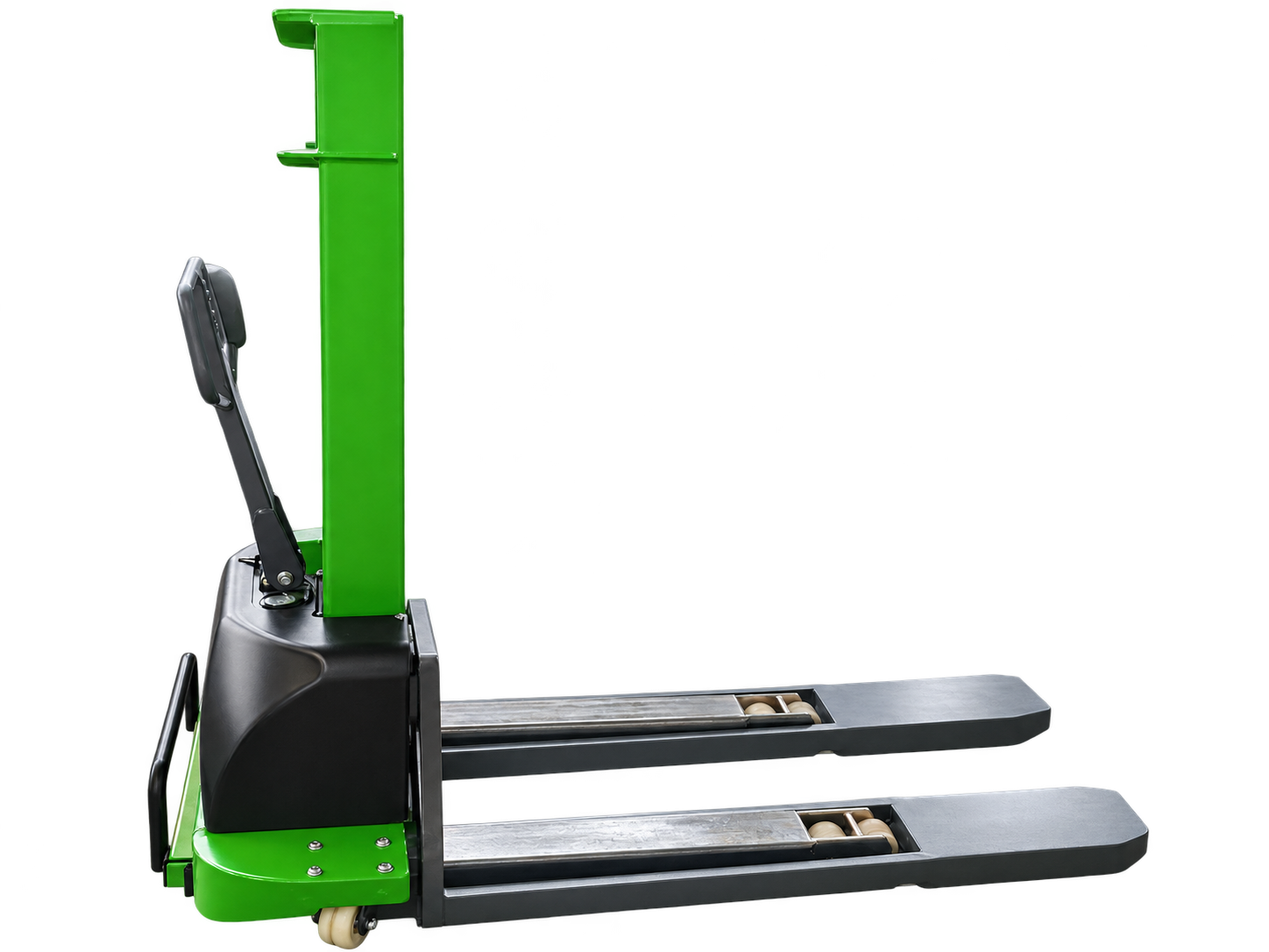 Semi-electric self-loading stacker side view with forks facing right